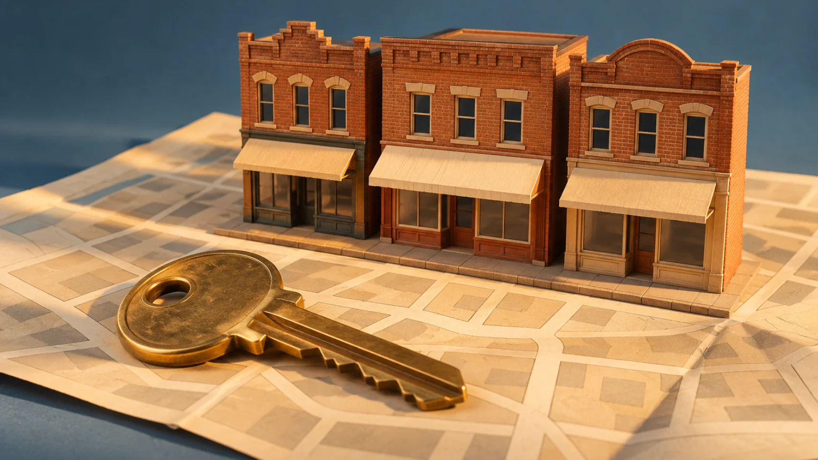 Three red brick model storefronts and a brass key on a paper town map against a slate blue background