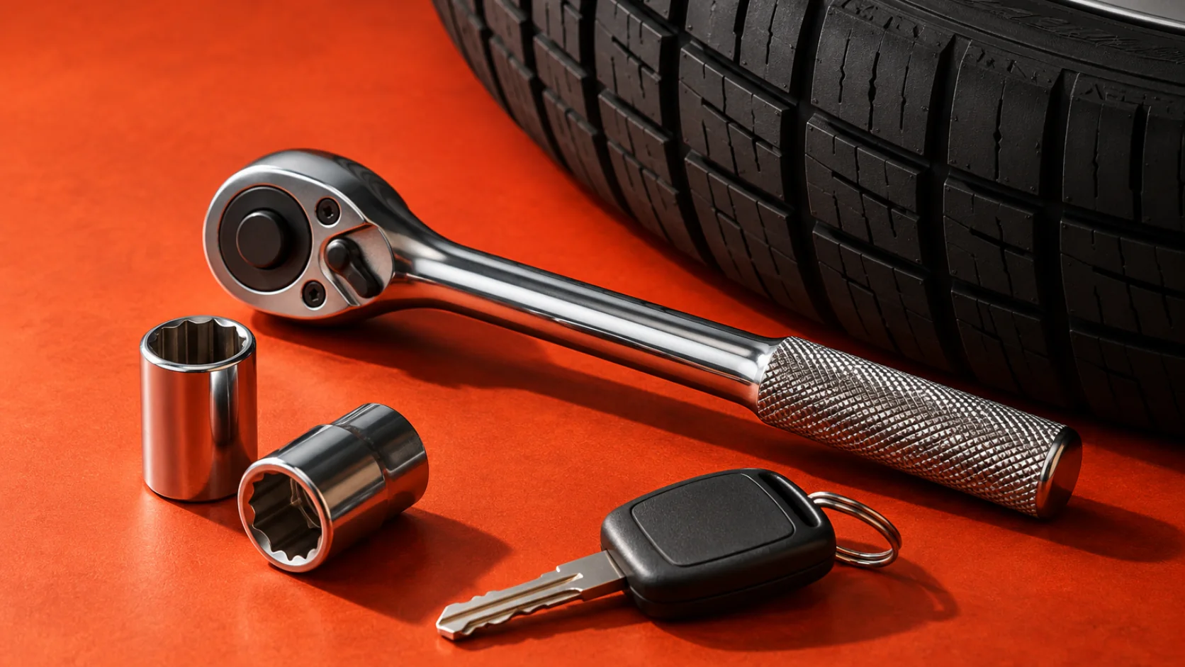 A car tire, silver repair tool and key on a vermilion work surface