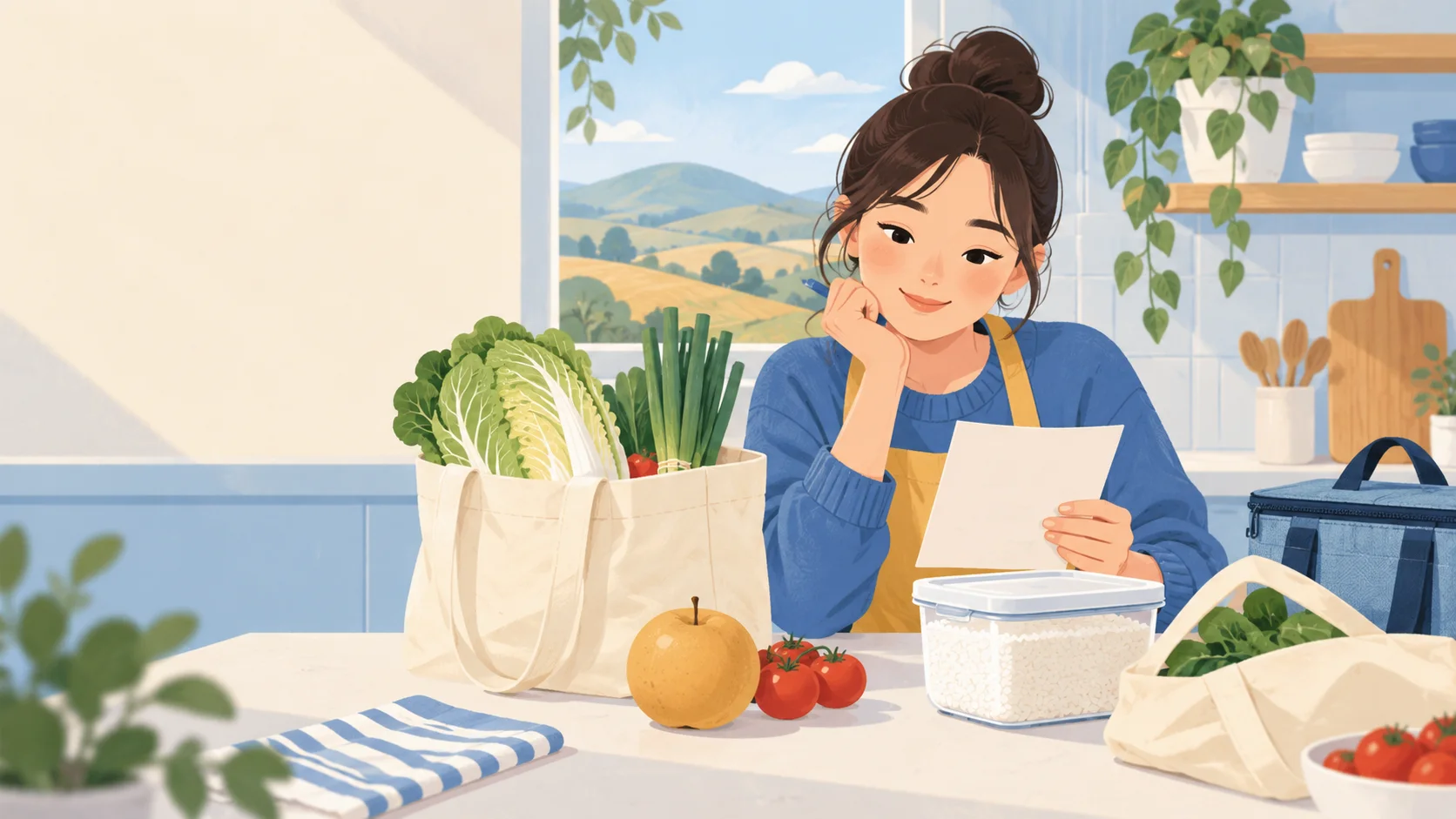 파란색과 크림색 주방에서 채소와 쌀 봉지 옆에 장보기 목록을 적는 사람을 그린 일러스트