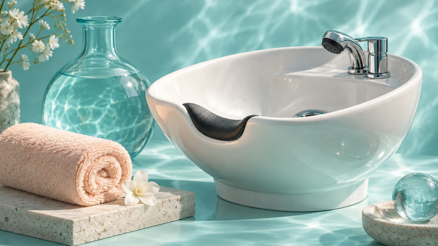 A white wash basin, peach towel and glass water vessel in an aqua setting