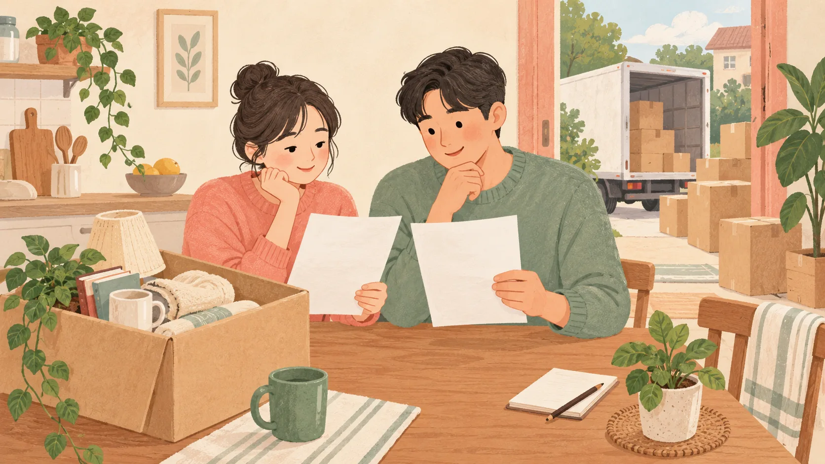 A couple reviewing two moving estimates at a table beside packed boxes