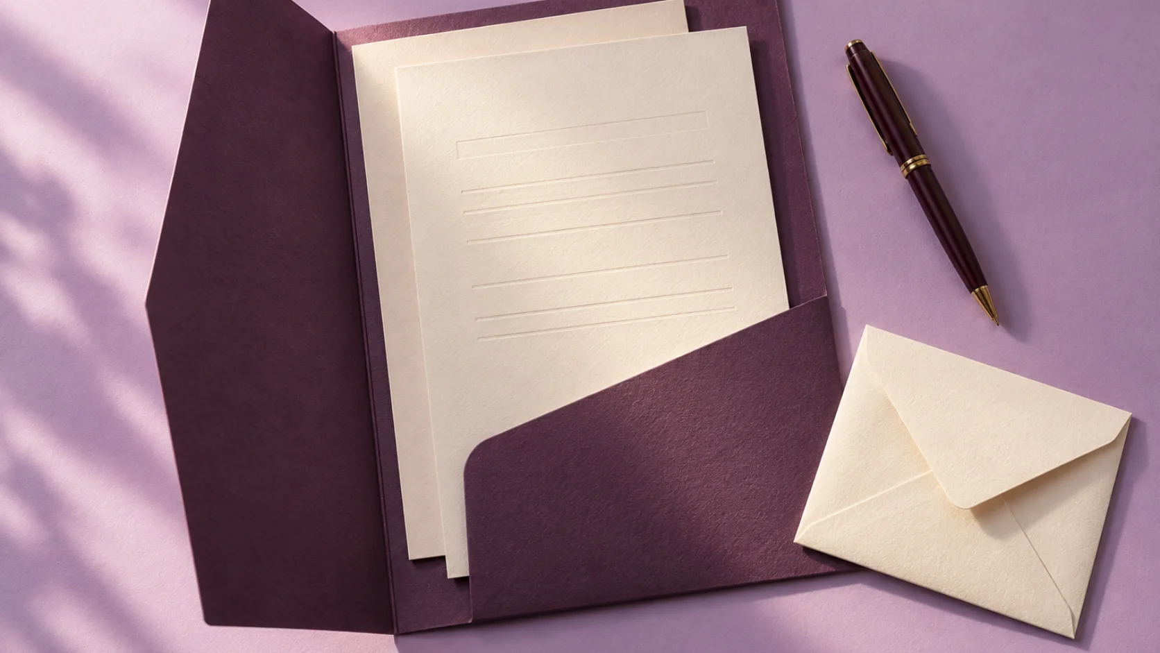A purple folder with application papers and a pen on a lilac background