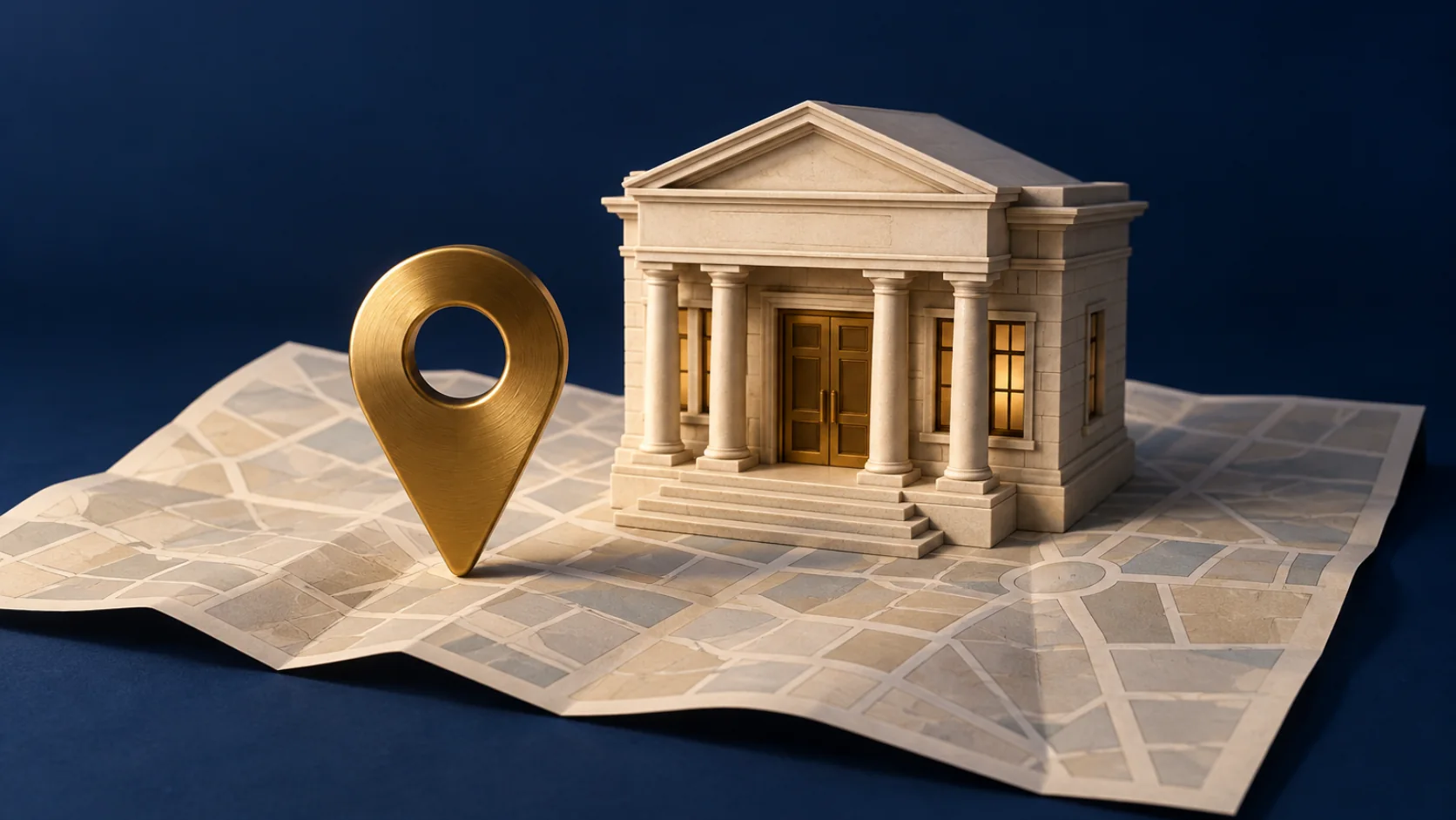 A model bank building and a brass location pin on a paper map against a deep navy background