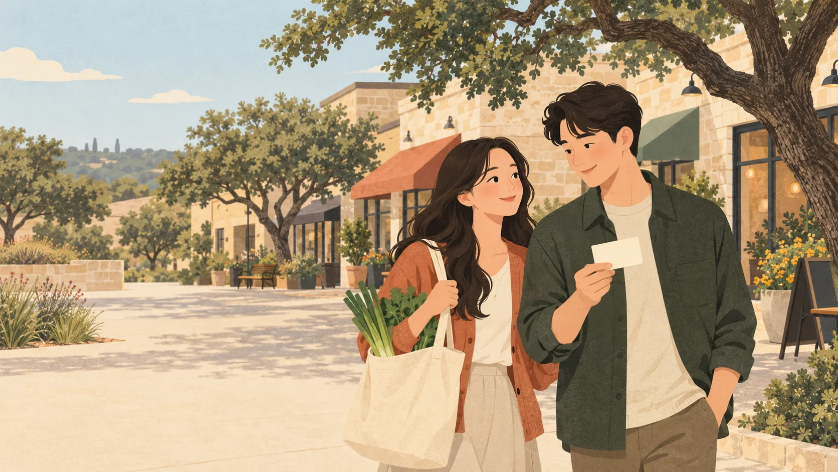 오스틴의 참나무와 낮은 건물 앞에서 장바구니와 일정 카드를 든 두 사람을 그린 따뜻한 색감의 일러스트