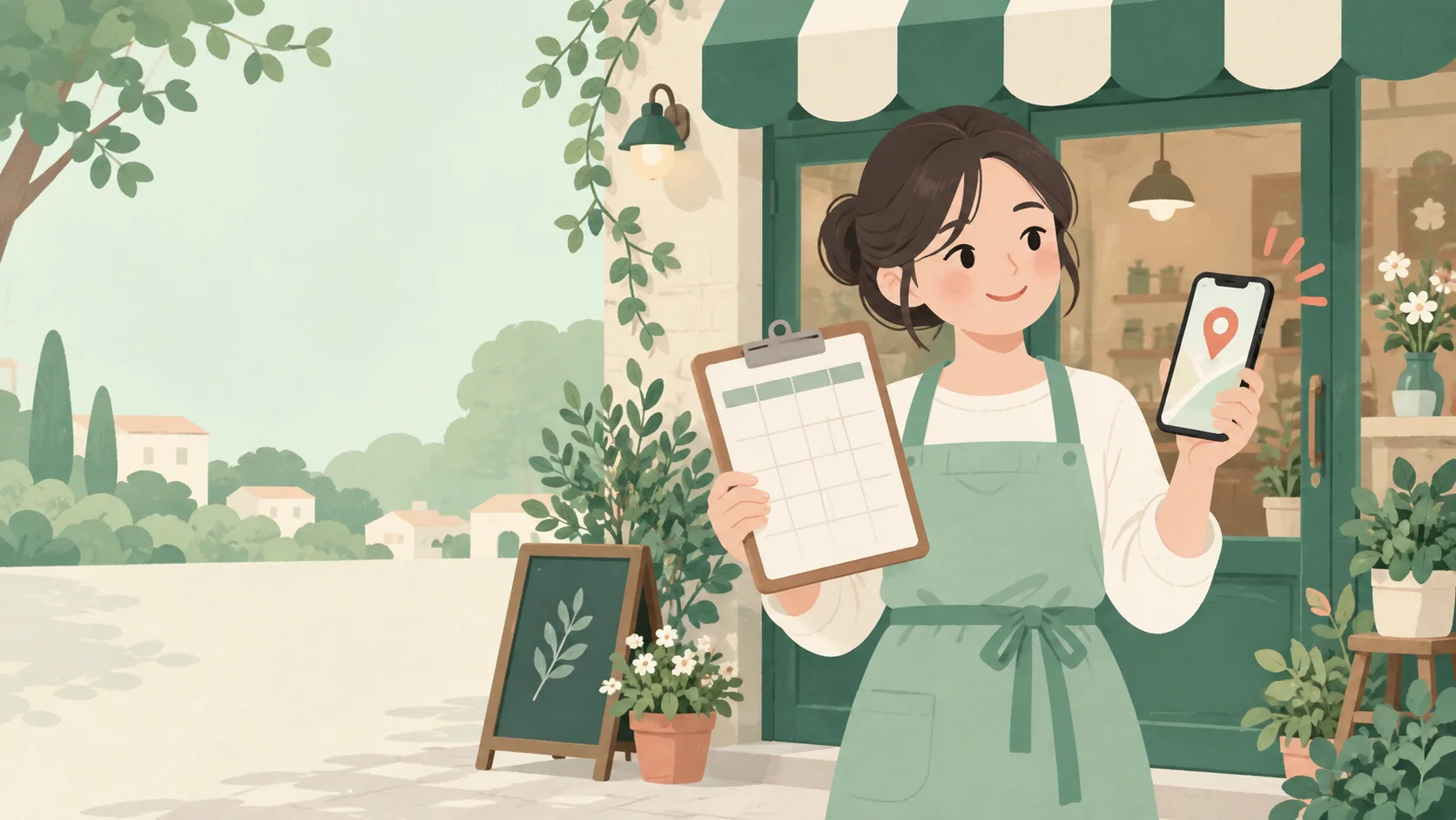 A shop owner in a mint apron checking a calendar and a phone with a location pin outside her storefront