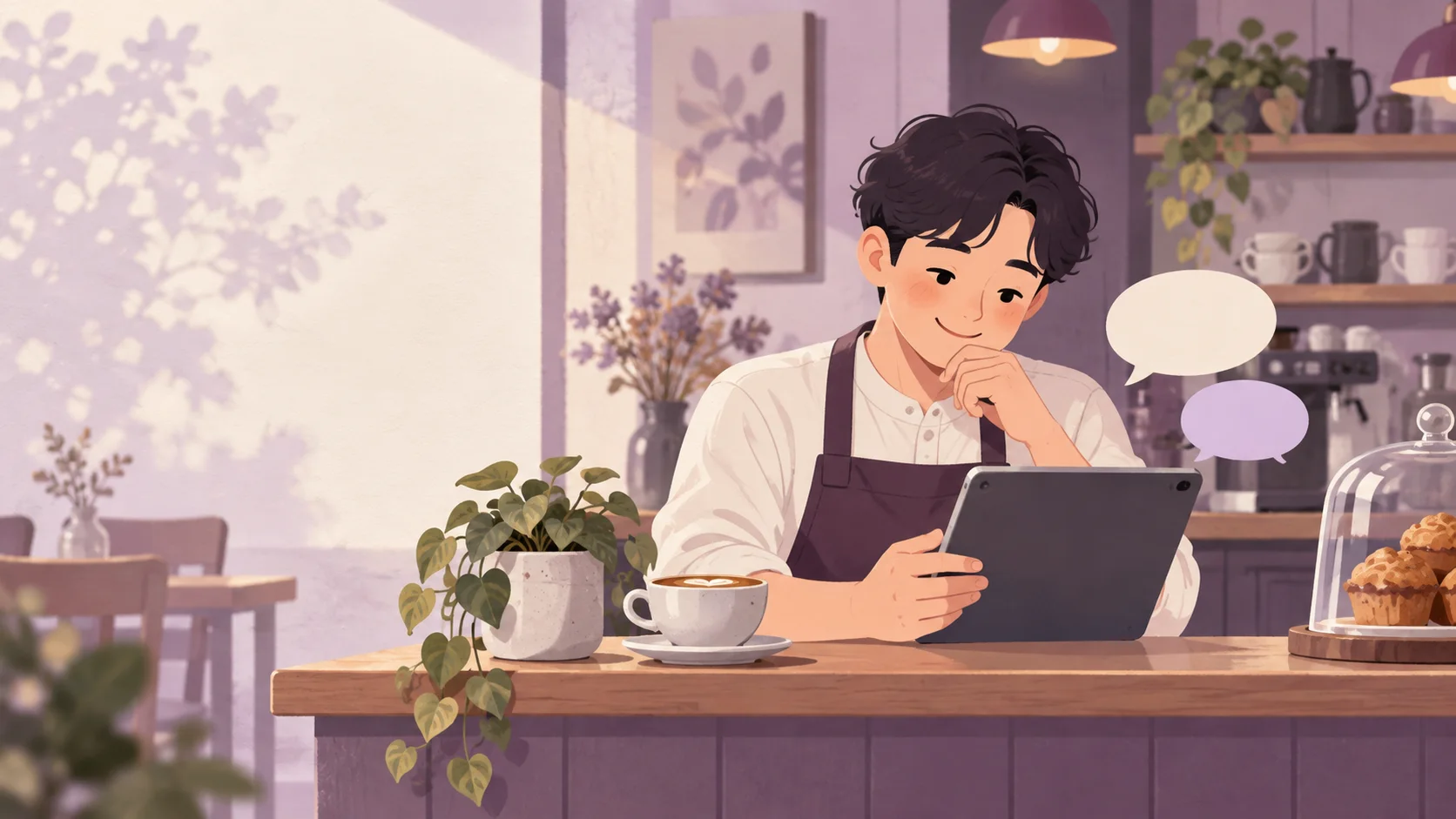 보라색 카페 카운터에서 태블릿과 두 개의 말풍선을 보며 고객 의견을 읽는 가게 주인 일러스트