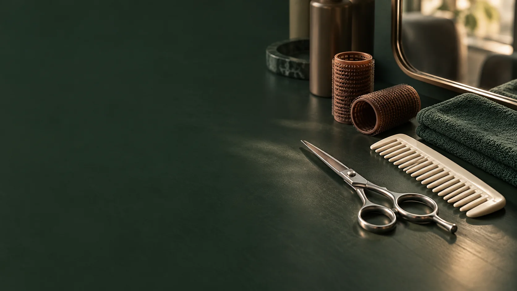 A comb, hair scissors and towel arranged on a salon work surface