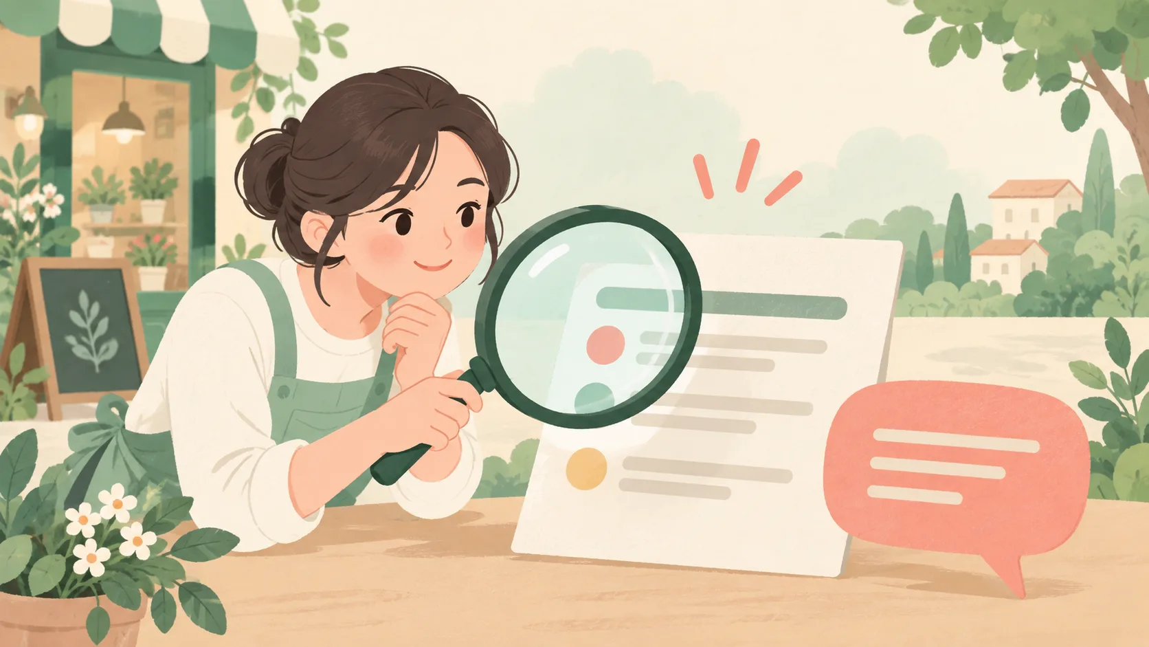 A shop owner examining a search sheet and speech bubble with a magnifying glass
