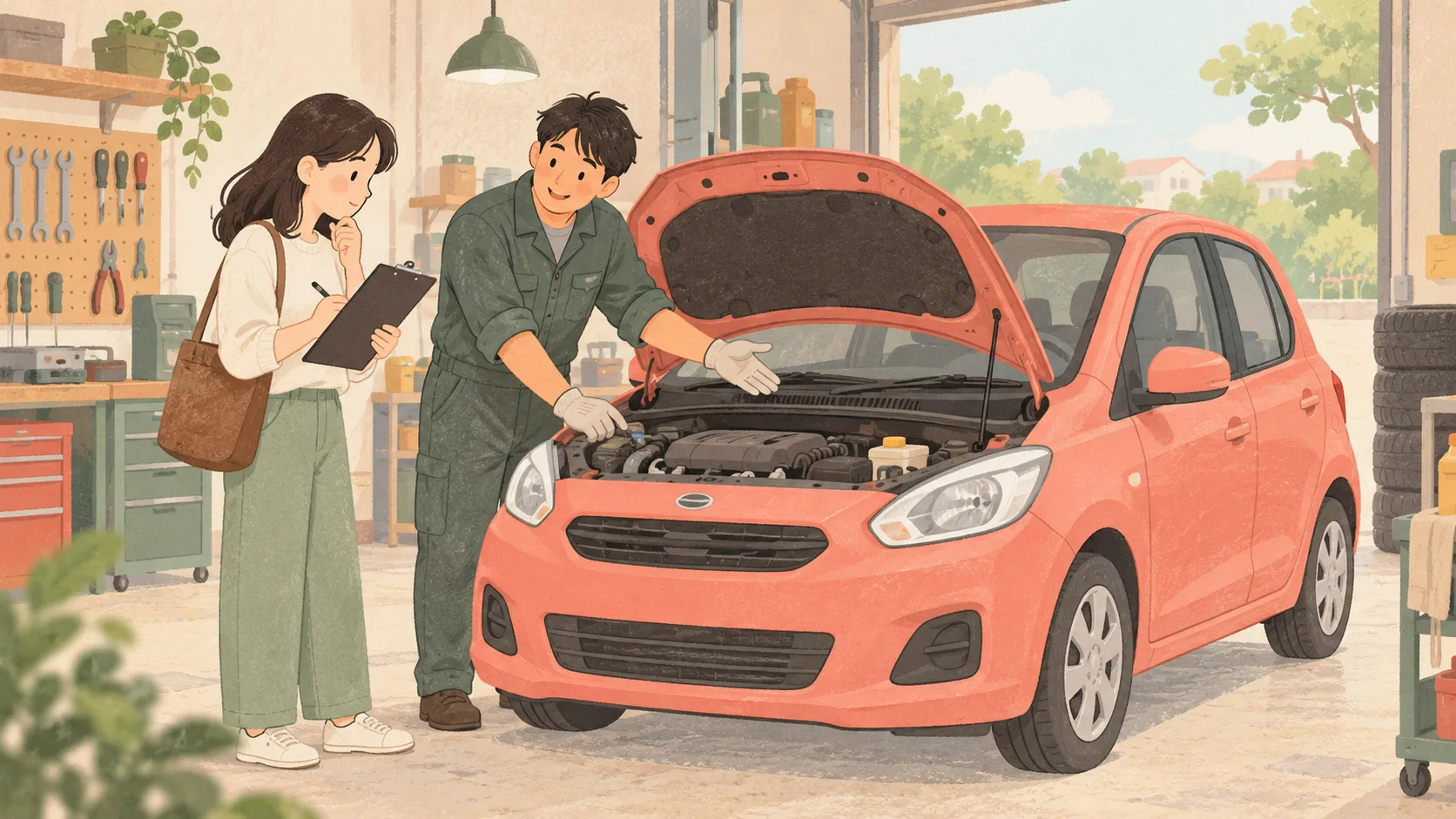 A used-car buyer holding a checklist while an independent mechanic examines a car