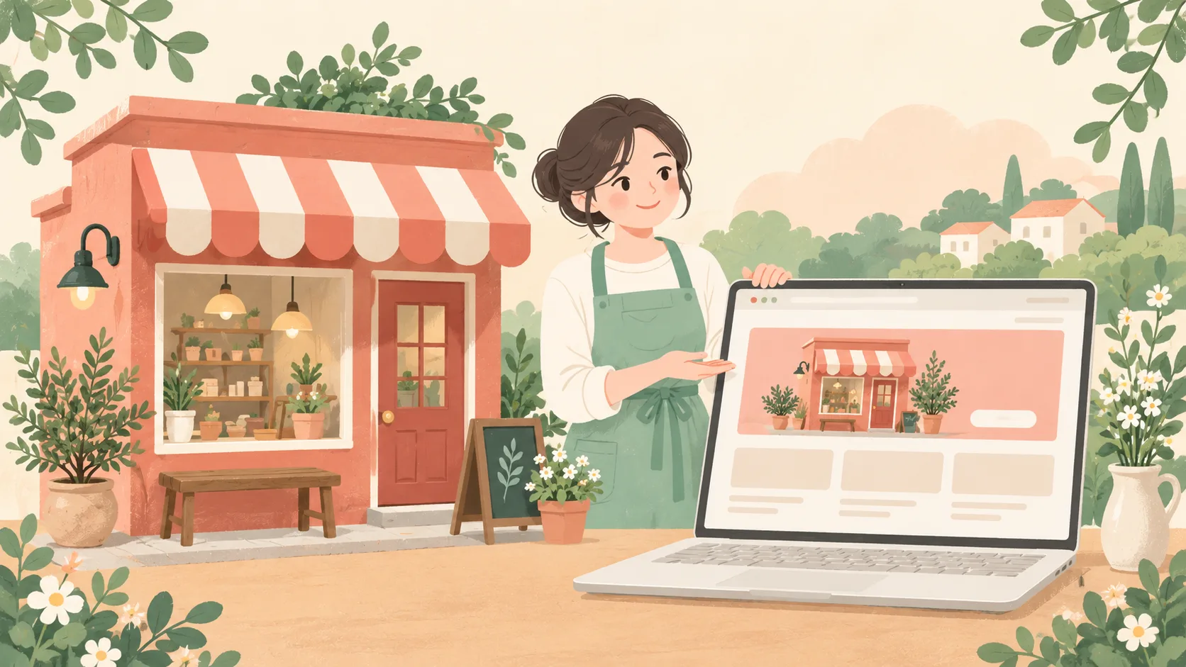 A shop owner presenting a storefront and its website on a laptop