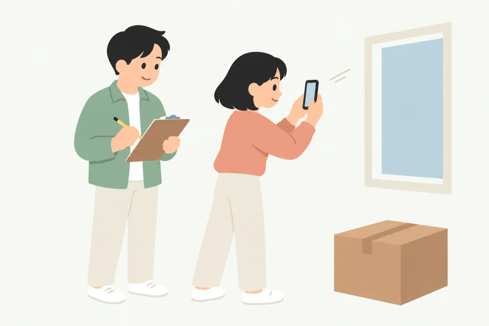한 사람이 벽의 흠집을 휴대폰으로 촬영하고 다른 사람이 점검표에 기록하는 모습