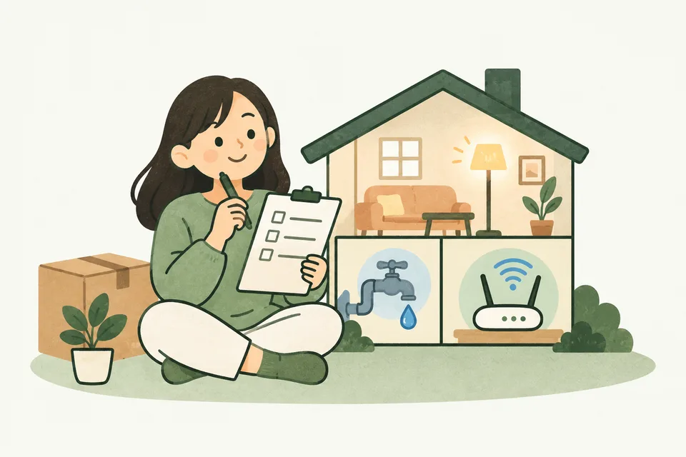 새집의 전기·수도·인터넷을 체크리스트로 정리하는 사람의 일러스트